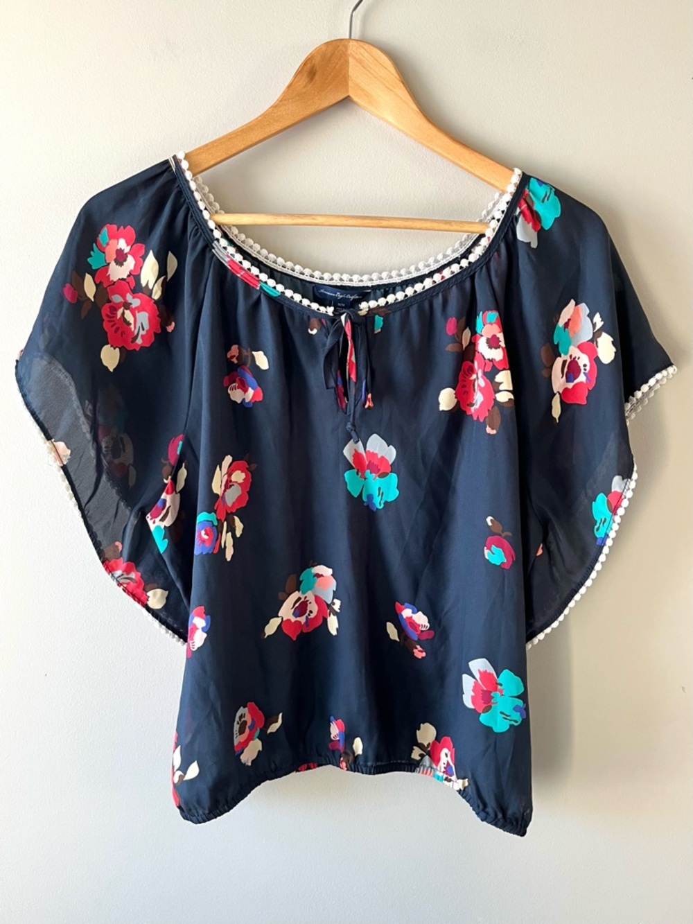 Navy & Floral Semi-Sheer Blouse with Crochet Trim Short Dolman Sleeve Size M